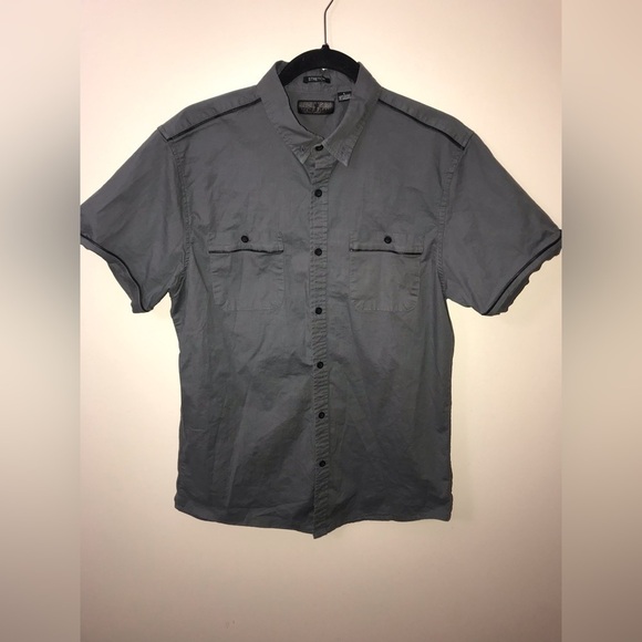 STEVE’S Jeans Mens Cotton Gray Military Style Short Sleeve Button Down Shirt L - Picture 2 of 11